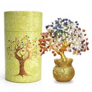 JD FRESH Feng Shui 7 Chakra Crystal Tree with Golden Money Bag Base/Natural Gemstone Decorative Showpiece Bonsai Tree for Home & Office Décor, Good Luck Diwali Gift, Wealth & Prosperity