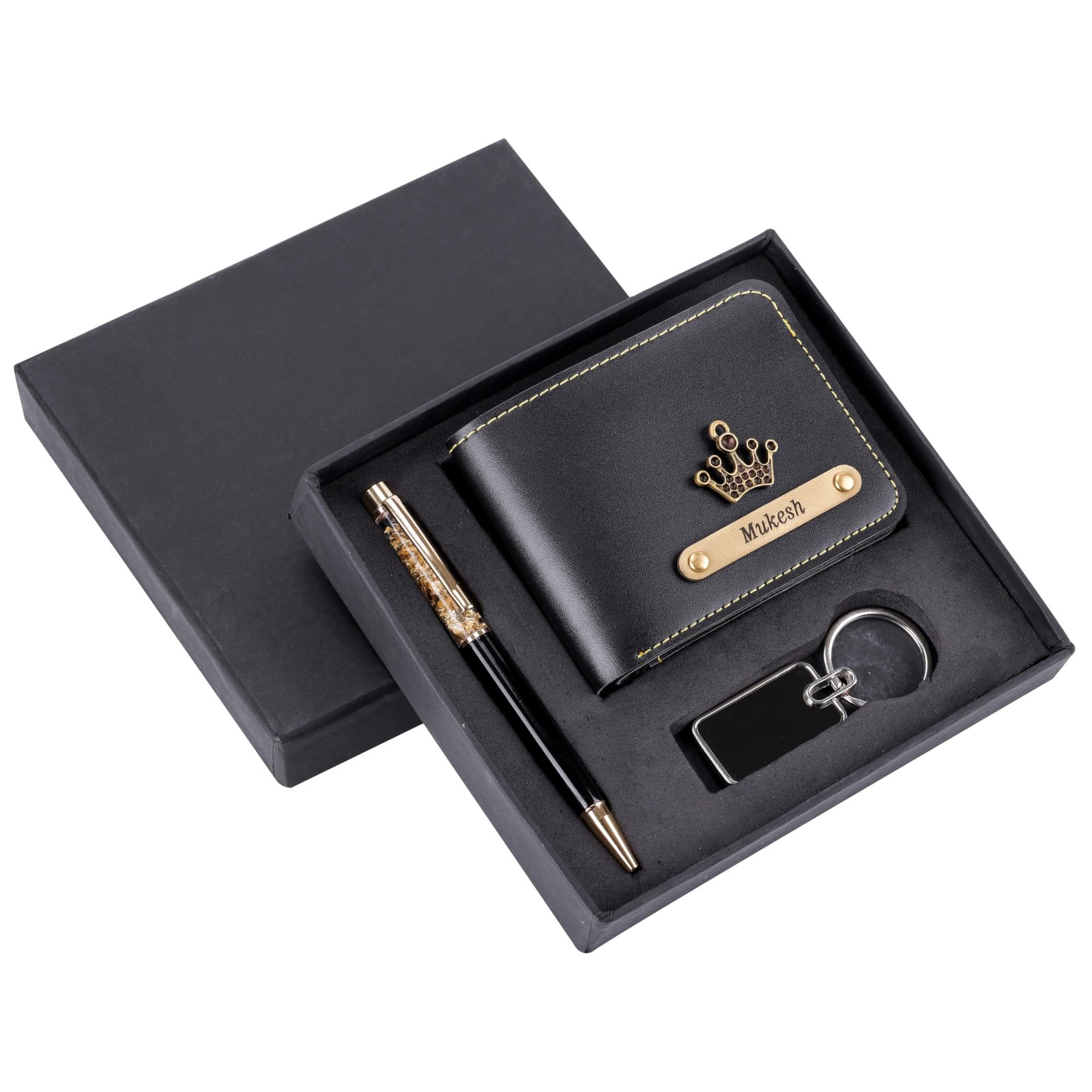 GIVITAS Personalized Name Wallet, Pen & Keychain Combo for Men (Black) | Customised Mens Wallet Name Engraved with Charm | Customized Corporate Gift Set for Office | Personalised for Husband, Boys