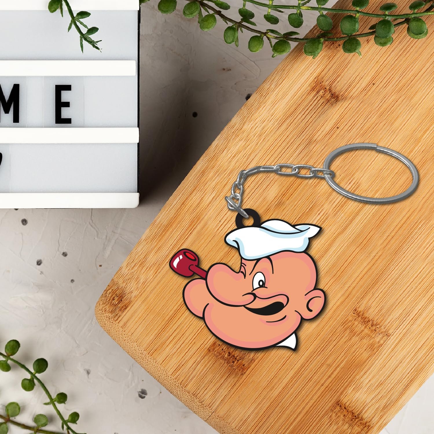Bhai Please Popeye Cartoon Wooden Keychain | Retro Anime Art Keyring | Nostalgic Backpack Charm Holder for Bike Car Scooty Men | Quirky Gift | (2 Inch)