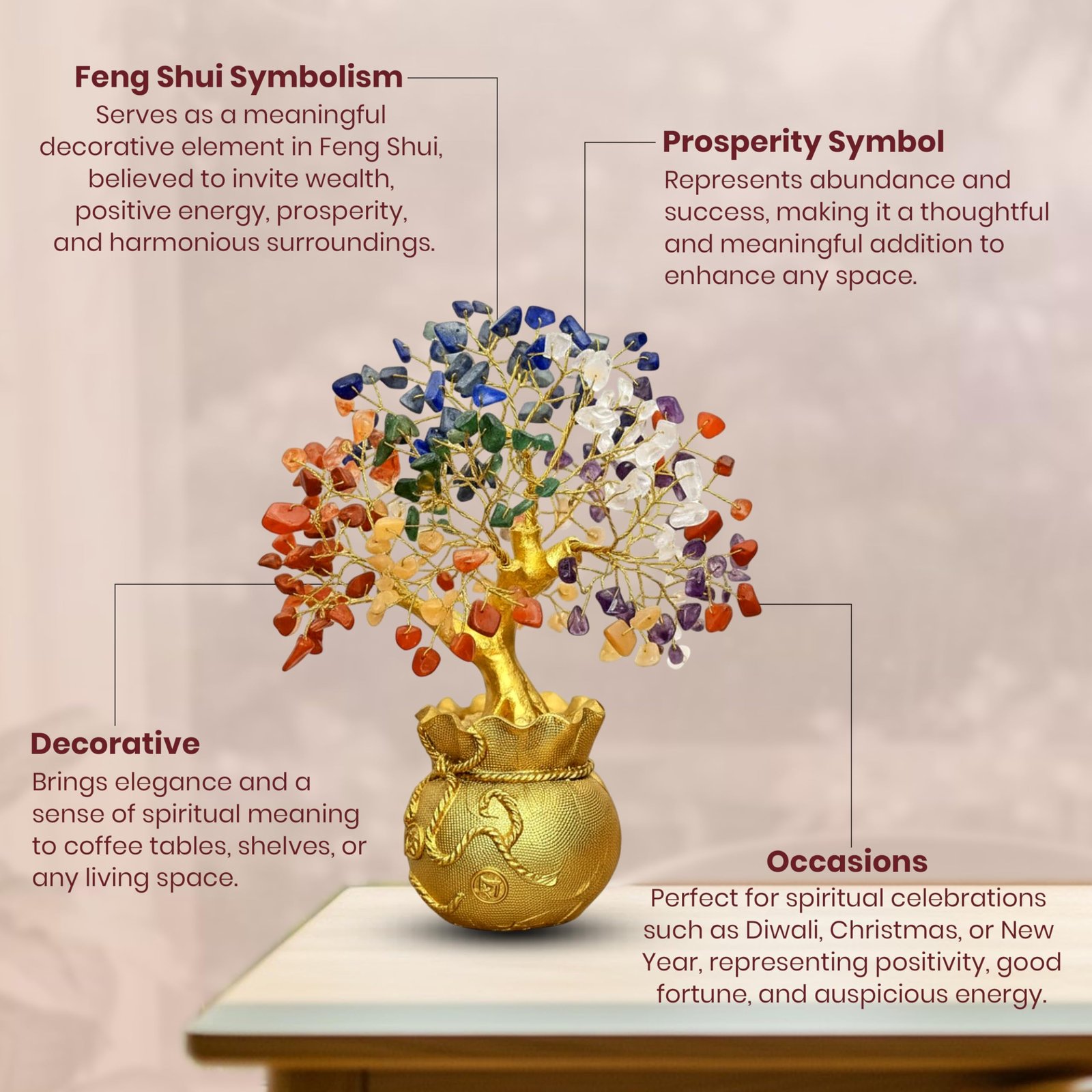 JD FRESH Feng Shui 7 Chakra Crystal Tree with Golden Money Bag Base/Natural Gemstone Decorative Showpiece Bonsai Tree for Home & Office Dรฉcor, Good Luck Diwali Gift, Wealth & Prosperity
