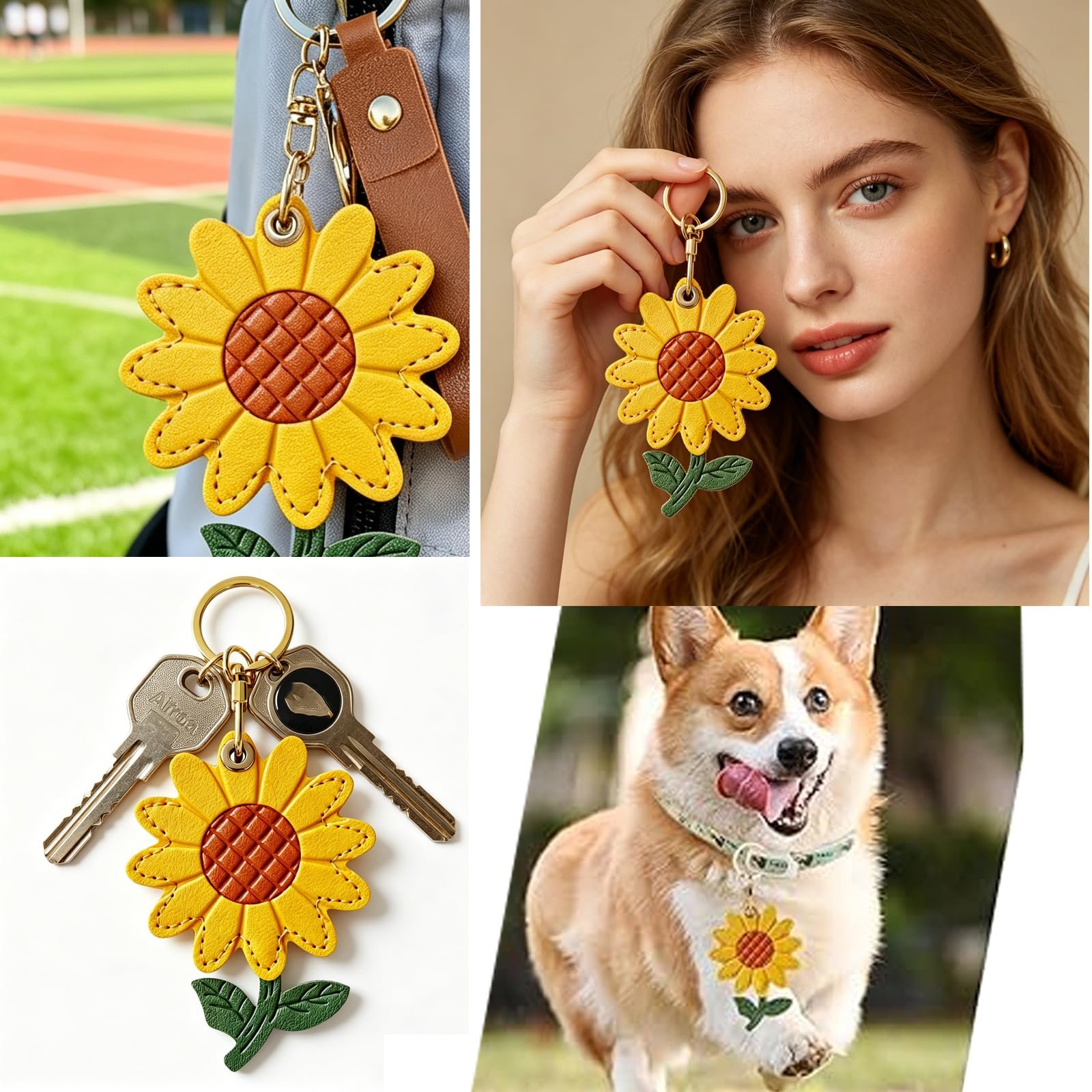 Sunflower Keychain for AirTag, Cute Flower Bag Charm, Leather Protective Tracker Holder with Secure Design for Keys Bags Pets