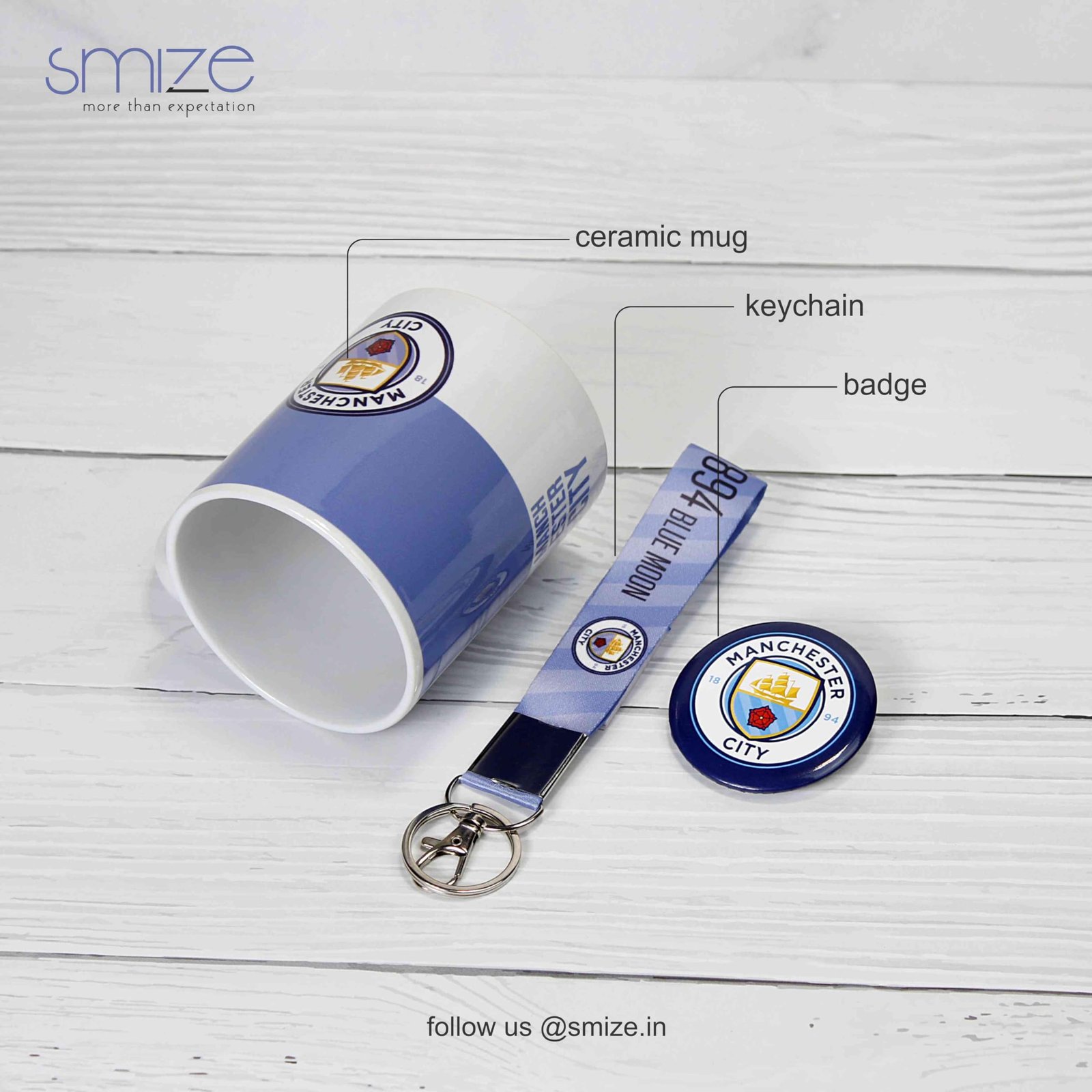 SMIZE Set of 3 Keychain Badge and White Coffee Mug of Manchester City - Gift for Manchester City Football Fan