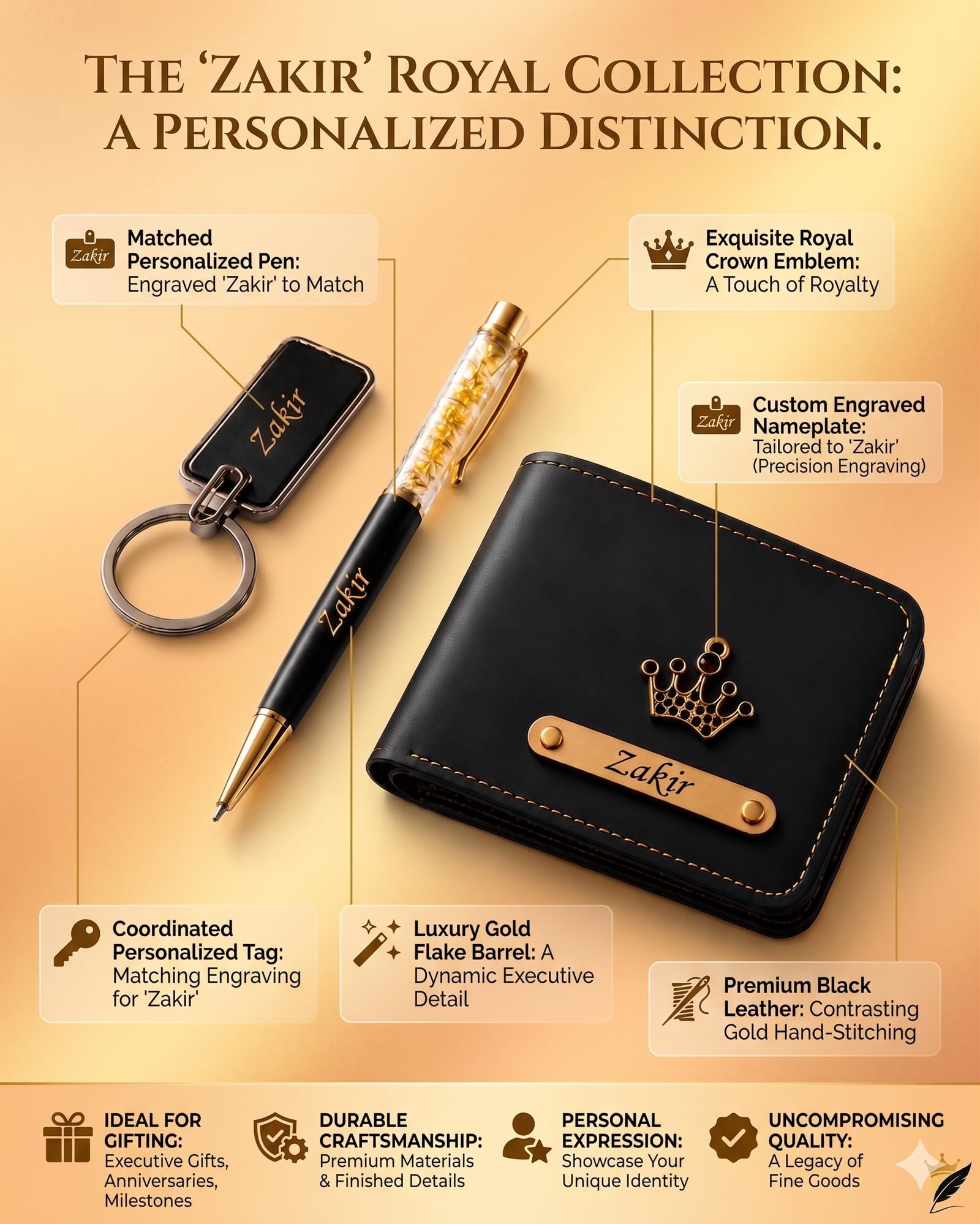 GIVITAS Personalized Name Wallet, Pen & Keychain Combo for Men (Black) | Customised Mens Wallet Name Engraved with Charm | Customized Corporate Gift Set for Office | Personalised for Husband, Boys