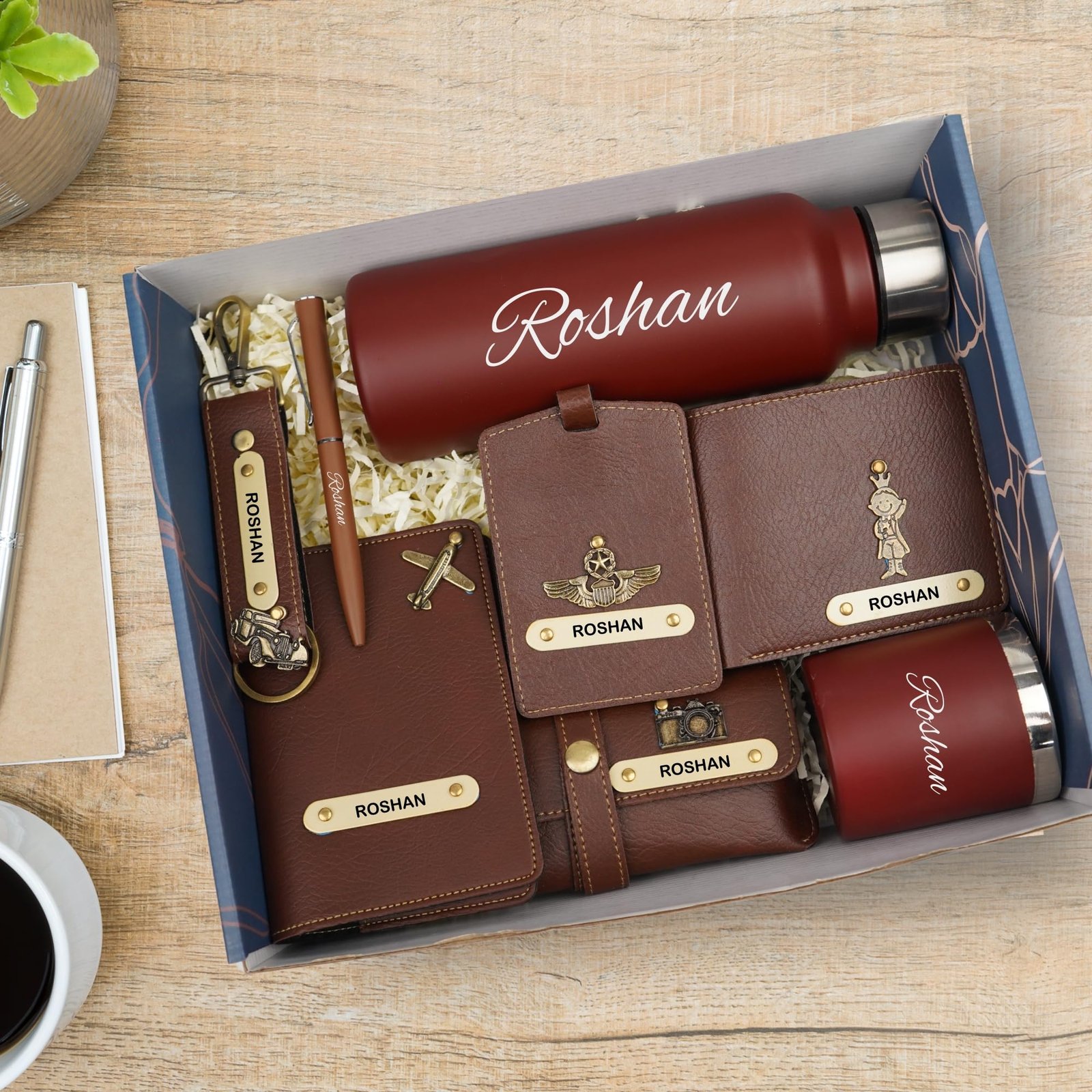 YOUR GIFT STUDIO Personalised All in One Gift Combo for Men’s | Customized Man Gift Hamper with Name & Charm, Leather Men Wallet, Passport Cover, Water Bottle, Keychain, Customized Pen - Brown