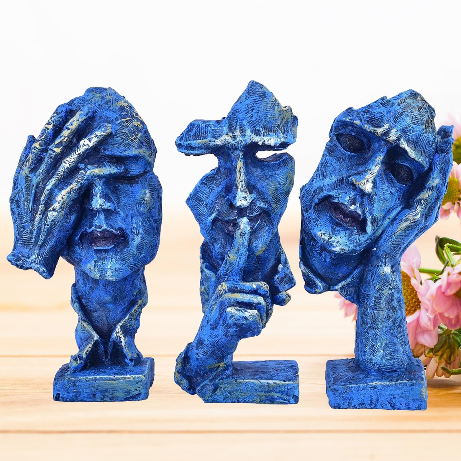 DEQUERA Resin Human Face With Hand On His Mouth Showpiece With Base For Home Decor | Decorative Items For Room | Home Decoration Items | Table Decoration Items - Blue, 15 Centimeters, 10 CM