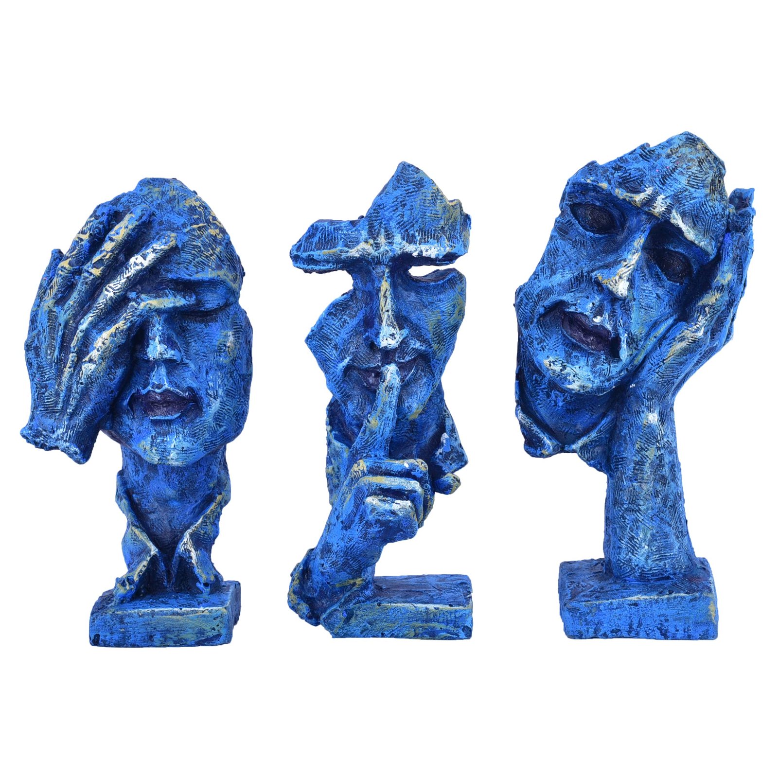 DEQUERA Resin Human Face With Hand On His Mouth Showpiece With Base For Home Decor | Decorative Items For Room | Home Decoration Items | Table Decoration Items - Blue, 15 Centimeters, 10 CM